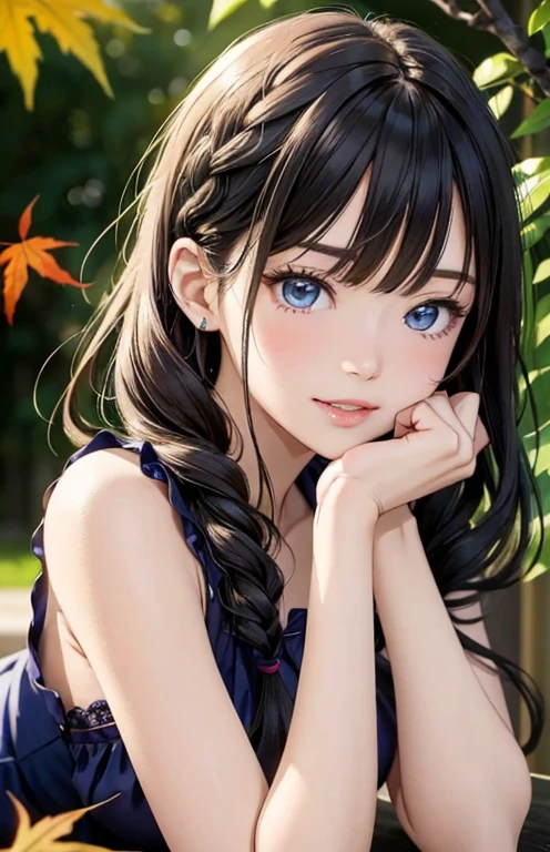 masterpiece、highest quality、High resolution、high quality images、8K, 1 female、skin luster、Texture of skin and clothing、Expression of fine eyes、Shiny milk tea beige hair,Girl with long braided hair, Manga inspired by Lee Jong-suk, trending on deviantart, realism, detailed manga style, manga art style, perfect line drawing, beautiful line drawing, digital manga art girl, K-POPアイドル, dress, beautiful blue eyes, plump lips, detailed gorgeous face, (cute smile), charm, innocent, Side view, (perfectly detailed face), (fine hands) photorealistic images, Depth of written boundary, Princess Hairstyles, autumn leaves, one piece,autumn leaves,美しいautumn leaves,romanticism,