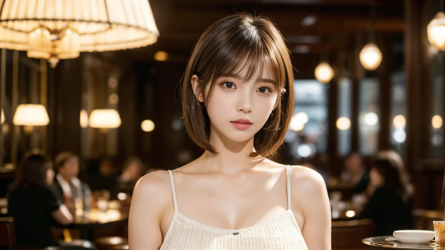 (masterpiece, super detailed, very detailed, exquisite, 16k, disorganized), woman, 19 years old, glamorous, (Suppin breeze:1.4), looking at the viewer, short hair, messy hair, diagonal bangs, brown hair, brown eyes, Upper body, cinematic lighting, Blurry background in focus, Inside a stylish cafe, Urban Cafe 