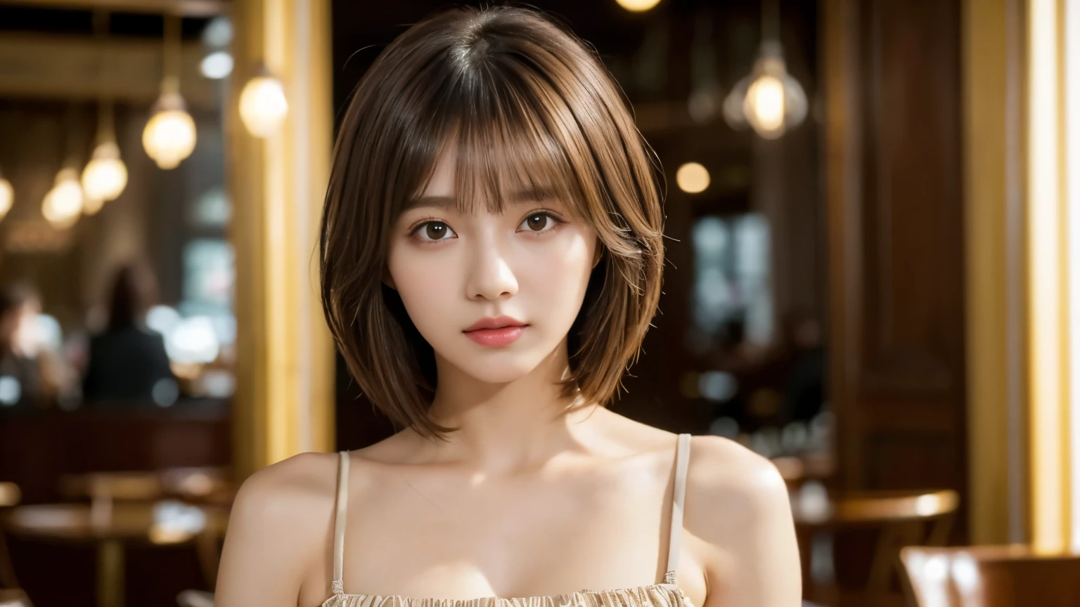 (masterpiece, super detailed, very detailed, exquisite, 16k, disorganized), woman, 19 years old, glamorous, (Suppin breeze:1.4), looking at the viewer, short hair, messy hair, diagonal bangs, brown hair, brown eyes, Upper body, cinematic lighting, Blurry background in focus, Inside a stylish cafe, Urban Cafe 