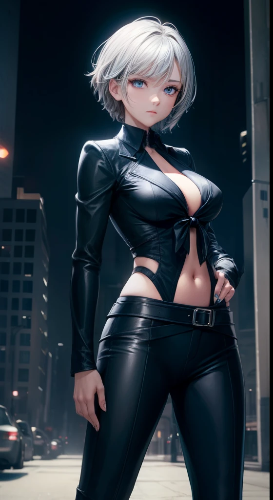 Beautiful 25 year old woman, black hair, Bob cut, blue eyes, sightly muscled, small breasts, messy hair, tattooed neck, leather jacket, San Francisco in the background, kinky, evil aura, night, piercings, fishnet stockings, detailed, masterpiece, hdr, (perfect hands).