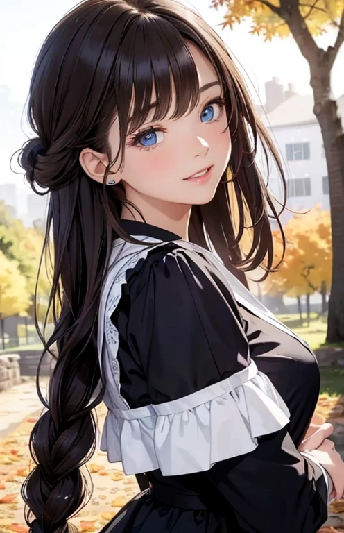 masterpiece、highest quality、High resolution、high quality images、8K, 1 female、skin luster、Texture of skin and clothing、Expression of fine eyes、shiny light brown hair,Girl with long braided hair, Manga inspired by Lee Jong-suk, trending on deviantart, realism, detailed manga style, manga art style, perfect line drawing, beautiful line drawing, digital manga art girl, K-POPアイドル, dress, beautiful blue eyes, plump lips, detailed gorgeous face, (cute smile), charm, innocent, Side view, (perfectly detailed face), (fine hands) photorealistic images, Depth of written boundary, Princess Hairstyles, autumn leaves, one piece,autumn leaves,美しいautumn leaves,romanticism,