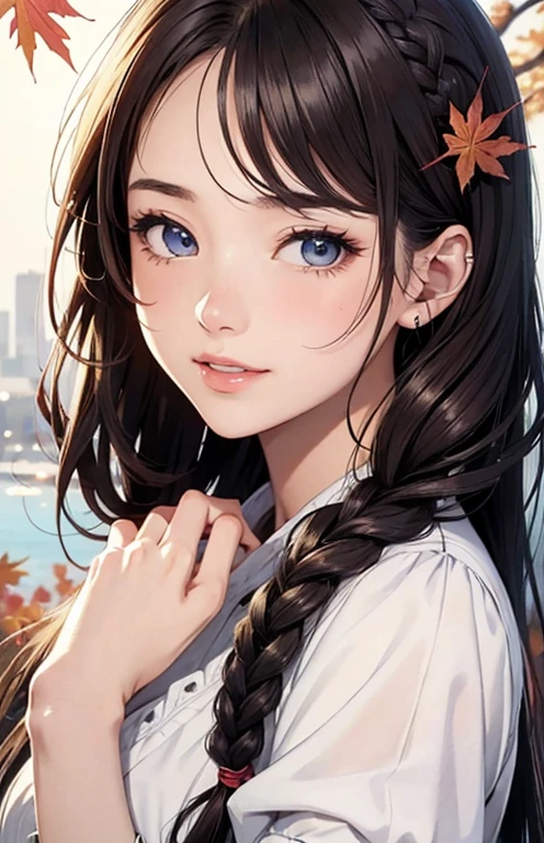 masterpiece、highest quality、High resolution、high quality images、8K, 1 female、skin luster、Texture of skin and clothing、Expression of fine eyes、shiny light brown hair,Girl with long braided hair, Manga inspired by Lee Jong-suk, trending on deviantart, realism, detailed manga style, manga art style, perfect line drawing, beautiful line drawing, digital manga art girl, K-POPアイドル, dress, beautiful blue eyes, plump lips, detailed gorgeous face, (cute smile), charm, innocent, Side view, (perfectly detailed face), (fine hands) photorealistic images, Depth of written boundary, Princess Hairstyles, autumn leaves, one piece,autumn leaves,美しいautumn leaves,romanticism,