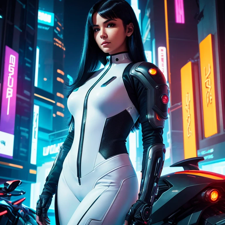 in a night alley of a futuristic city, standing near a futuristic motorcycle, a woman in a white bodysuit, in a cyberpunk style with neon lights and futuristic elements, in a bulletproof vest and a tight-fitting suit, with black hair, in full length, in a sci-fi cinematic style with sharp focus and studio lighting , light sly smile
