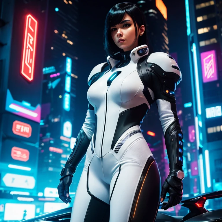 in a night alley of a futuristic city, standing near a futuristic motorcycle, a woman in a white bodysuit, in a cyberpunk style with neon lights and futuristic elements, in a bulletproof vest and a tight-fitting suit, with black hair, in full length, in a sci-fi cinematic style with sharp focus and studio lighting , light sly smile