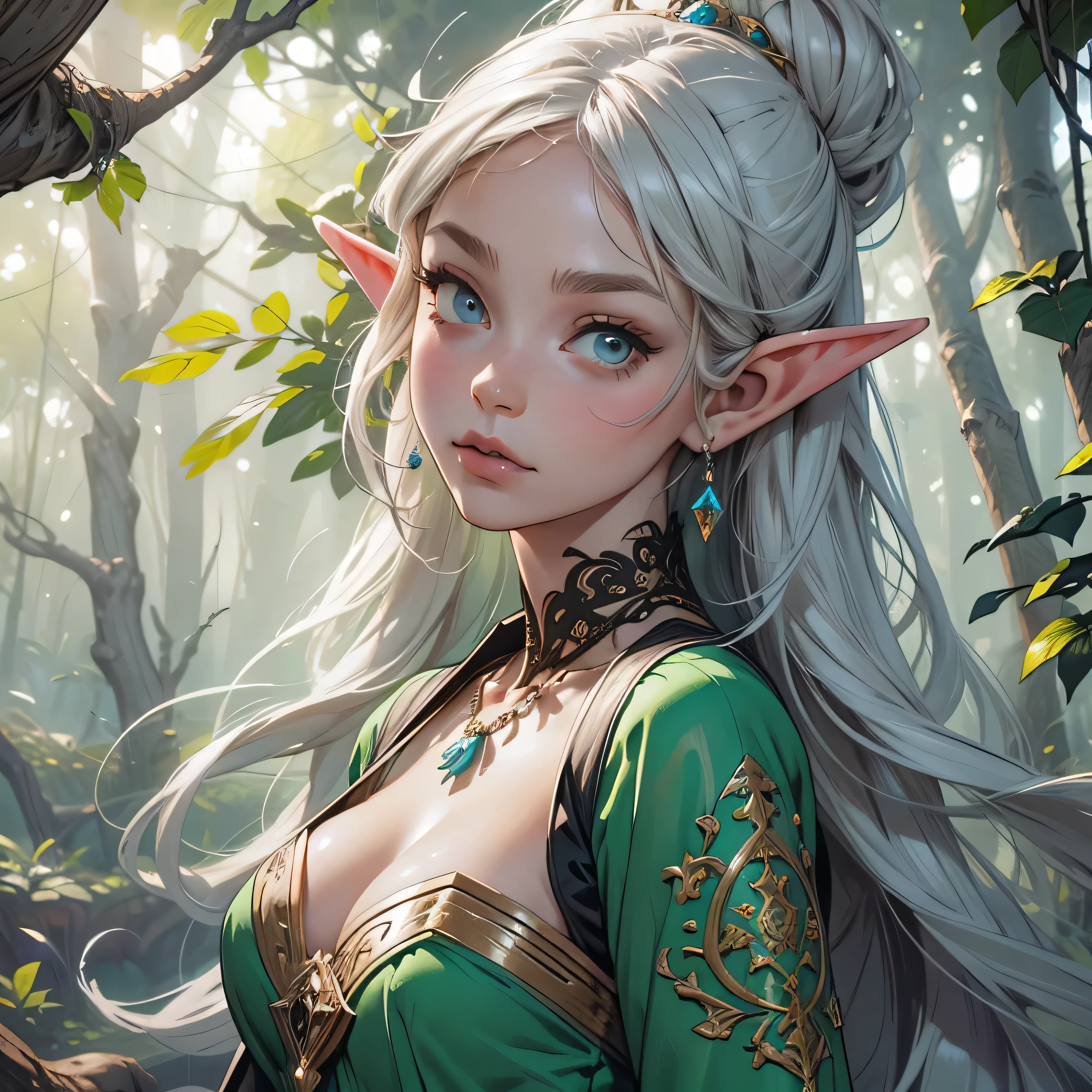 elf girl, concept art, 8k intricate details, surreal fairytale style, head tilt, oversized detailed {purple|green|blue|hazel|} eyes, looking down, seductive, textured hair, simple forest background, soft muted pastel colored pencil illustration, intricate gold filigree necklace, from side, multicolored white hair, wispy curled hair, style of Carne Griffiths, (unfinished sketch), smudged edges
