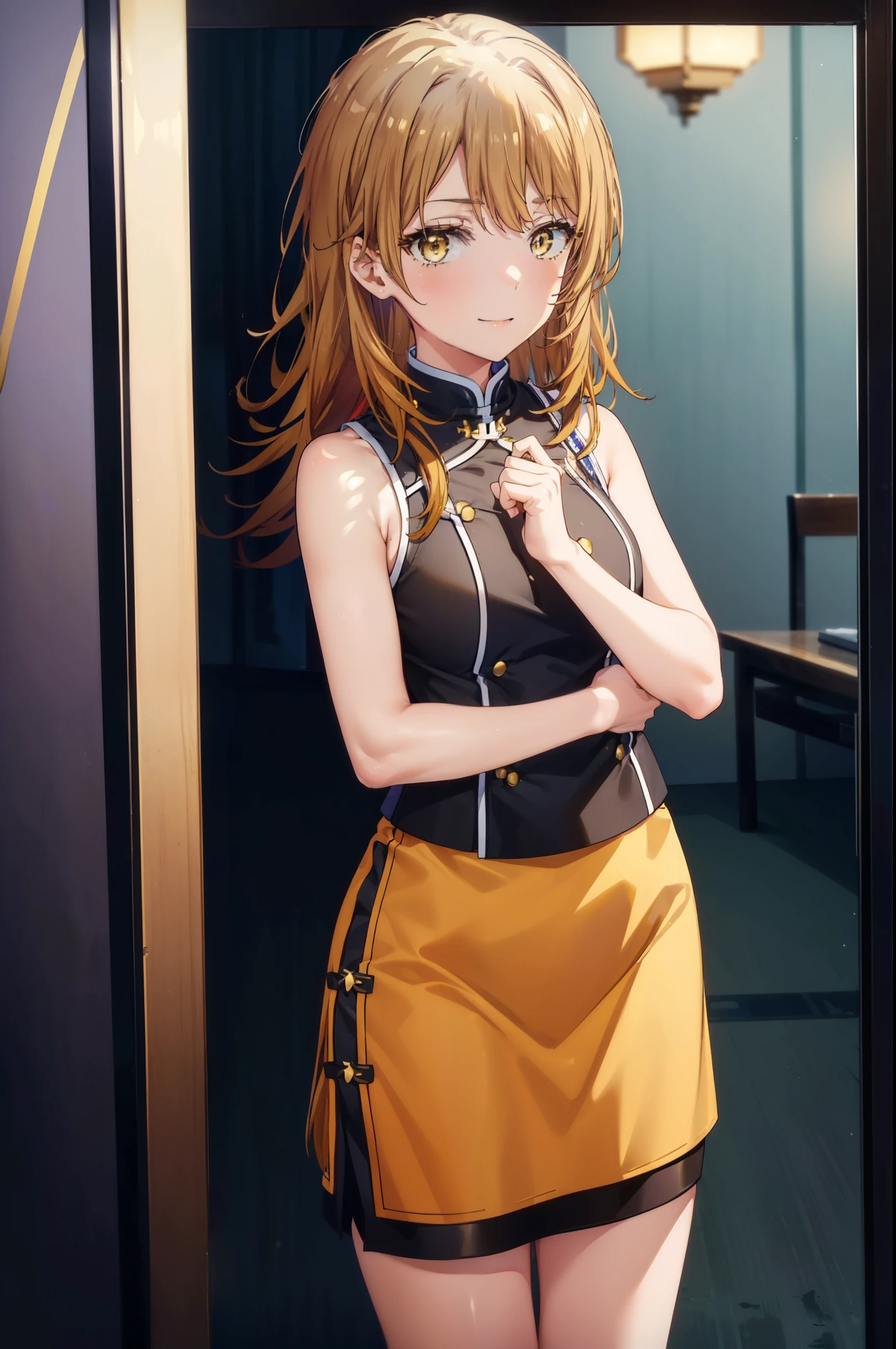 irohaisshiki, iroha isshiki, long hair,brown hair,,(brown eyes:1.5), happy smile, smile, open your mouth,bare arms,yellow cheongsam clothes,Yellow long slit,black pantyhose,stiletto heels,whole bodyがイラストに入るように,
break indoors, Chinese Restaurant,
break looking at viewer,whole body,(cowboy shot:1.5),
break (masterpiece:1.2), highest quality, High resolution, unity 8k wallpaper, (shape:0.8), (fine and beautiful eyes:1.6), highly detailed face, perfect lighting, Very detailed CG, (perfect hands, perfect anatomy),