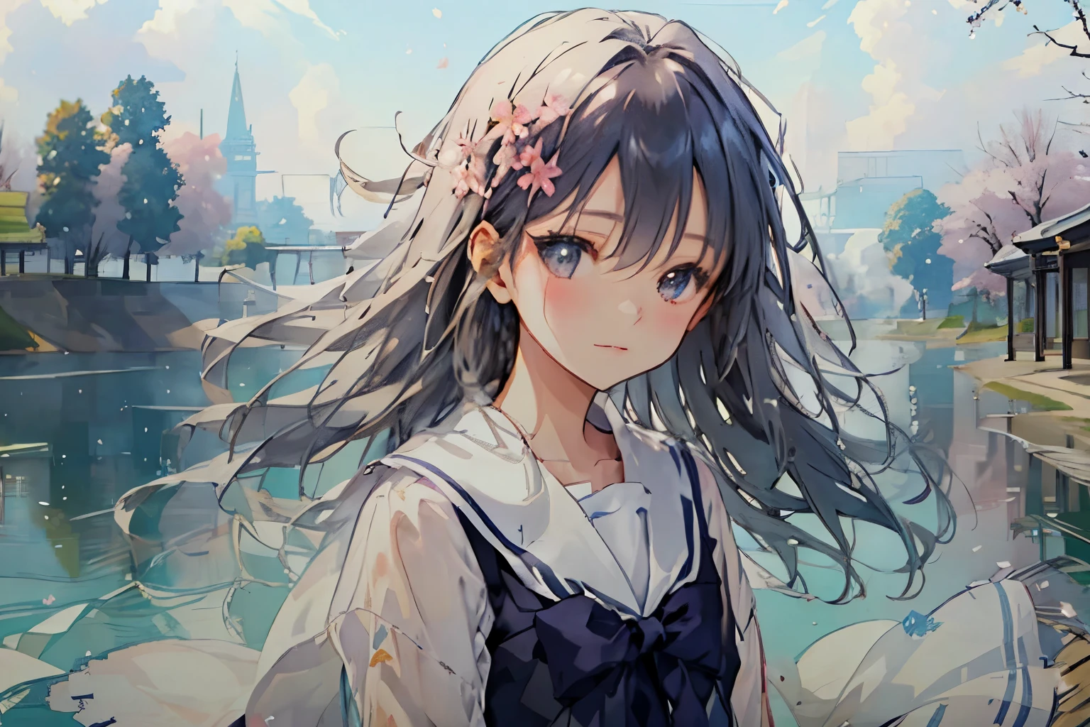 Create exquisite illustrations reminiscent of Makoto Shinkai's style, It has ultra-fine details and top-notch quality. Generate a high-quality illustration depicting a scene of spring where cherry blossoms are being scattered by the wind, with a beautiful girl present whose hair is being tousled by the breeze. Ensure that the overall composition exudes a sense of nostalgia and fantasy, with intricate details capturing the ethereal beauty of the cherry blossoms in bloom. Pay attention to elements such as the delicate petals dancing in the wind, the soft sunlight filtering through the branches, and the serene expression on the girl's face as she experiences the fleeting beauty of the cherry blossom season while her hair flows with the breeze. Aim for a finely crafted artwork that transports viewers to a nostalgic and whimsical springtime scene. best quality, masterpiece