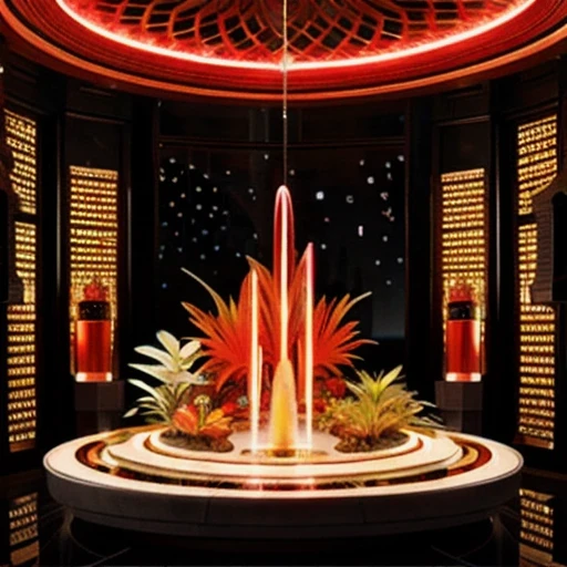 Red, white and orange series luxury futuristic interior, style, There are many ((Lush plants)) (lotus), ((Palm trees)), stone wall, (sand), (waterfalls), (marble), ((Precious minerals)), ((Metal)), (gem), crystal, untense ((water)), futuristic luxury furniture, Crocodile, (Egyptian hieroglyphs), (((Ultra luxury))), (black marble) - and ((beautiful lights)), Unreal Engine, headquarters, 16K