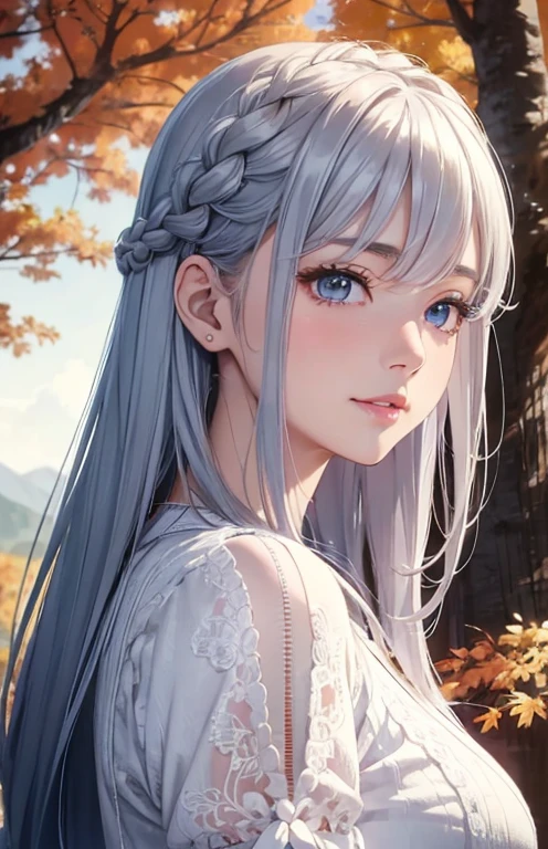 masterpiece、highest quality、High resolution、high quality images、8K, 1 female、skin luster、Texture of skin and clothing、Expression of fine eyes、shiny silver hair,Girl with long braided hair, Manga inspired by Lee Jong-suk, trending on deviantart, realism, detailed manga style, manga art style, perfect line drawing, beautiful line drawing, digital manga art girl, K-POPアイドル, dress, beautiful light blue eyes, plump lips, detailed gorgeous face, (cute smile), charm, innocent, Side view, (perfectly detailed face), (fine hands) photorealistic images, Depth of written boundary, Princess Hairstyles, autumn leaves, one piece,autumn leaves,美しいautumn leaves,romanticism,