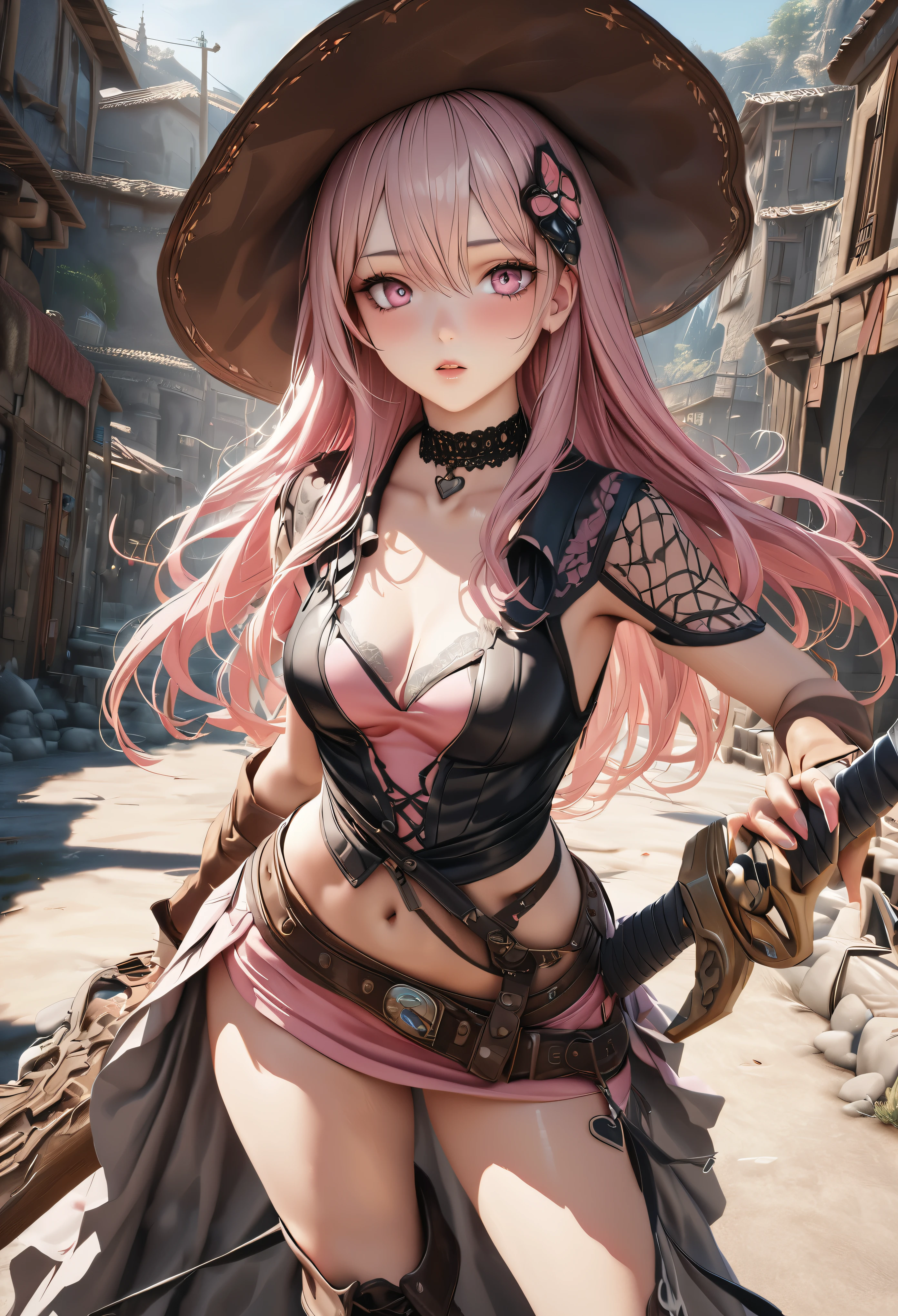 masterpiece,highest quality, Super detailed, High resolution, expensive resolution, HDR, 4k, 8K, unity 8k wallpaper, Super detailed CG, masterpiece, realistic, 2D, 3D, beautiful details, depth, fine texture , super fine: 1.3, Fully focused, Crispy.skin, .he, Very cute anime girl 、cowboy style costume、cowboy hat、cowboy boots technic wilderness、duel、long sword、Pink semi-long hair wearing expensive , one girl、alone, Pink semi-long hair, cowboy style、cowboy hat、long sword、duel、cowboy bootole under the eye, looking at the viewer , expensive , blush, mole, parted lips, hair ornaments, heart, pink eyes, choker