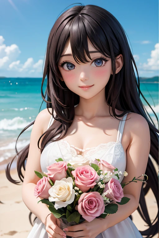 highest quality、Realistic、girl、zoom、Turquoise eyes、Long Curly Hair、Wedding dress、Bridal Lingerie、Tanned black body、Brown black skin、slender、Dark Skin、Large Breasts、、A big smile、Summer Sea、Bust Shot、From below