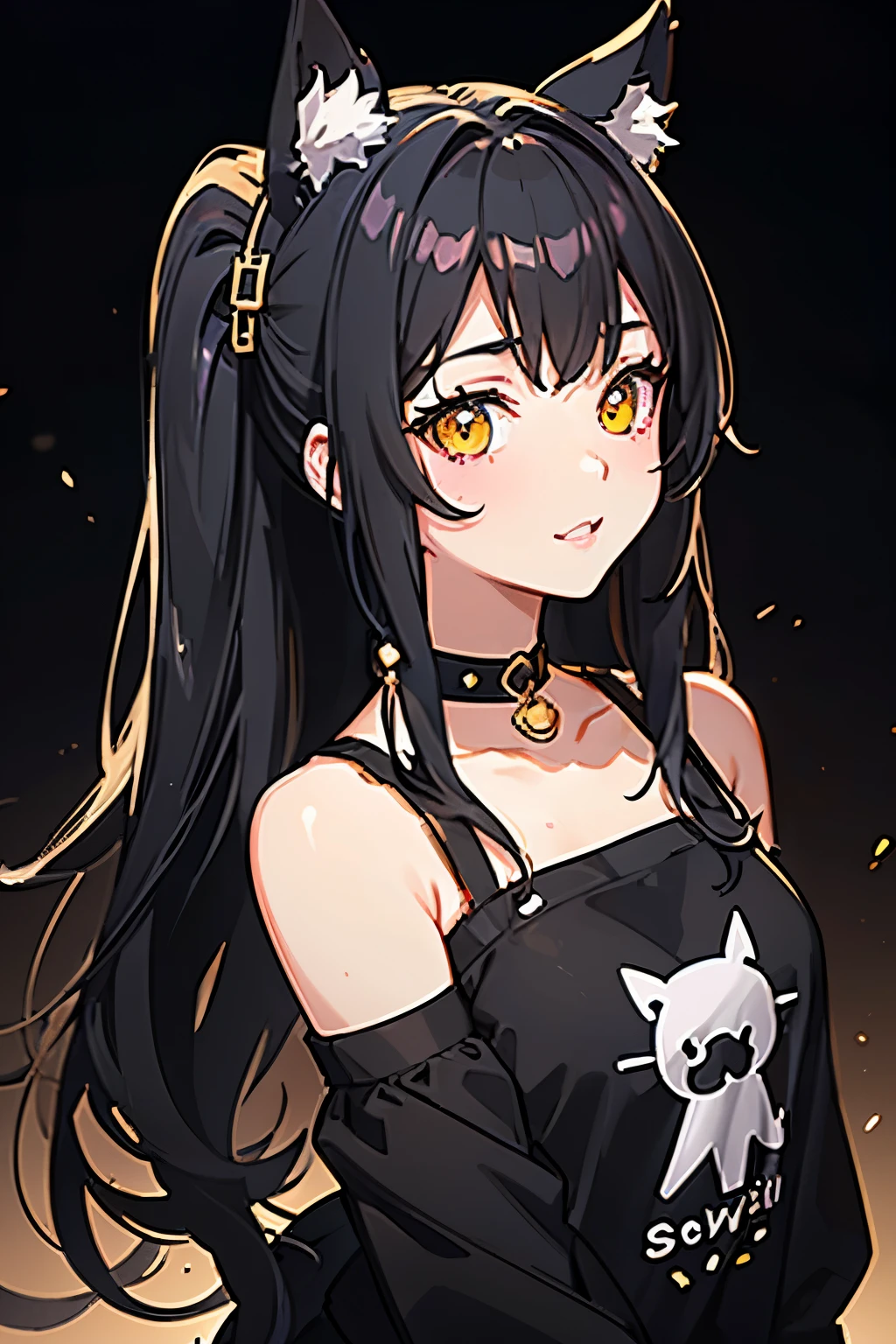 highest quality, highest quality, Super detailed, High resolution, expensive resolution, HDR, 4k, 8K, unity 8k wallpaper, expensively detailed CG, masterpiece, realistic, photorealistic, 2D, 3D, beautiful details, depth, fine texture , super fine: 1.3, Fully focused, Crispy.skin, .he, Very cute anime girl with Black twin tail hair wearing expensive , one girl, smile、alone, Black twin tail hair, animal ears, cat ears, mole under the eye, looking at the viewer , expensive , blush, mole, parted lips, hair ornaments, heart, yellow eyes, choker, T-shirt, Bullish Eyes