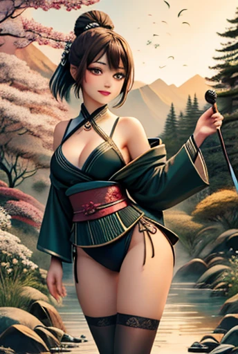 8k, artwork, Highest quality, Best quality, official art, Beautiful and Aesthetic, extremely detailed, (fractal art: 1.3), colorful, most detailed, torso, HDR, sensual, wide hips, thick figure,
(1 girl, face (beautiful, perfect, perfect, detailed, feminine, refined chin), hair (long to the knee, brown, blowing in the wind), eyes (perfect, detailed, brown), big ass, thin waist, larger hips wider than shoulders, she wears traditional Japanese Shinobi costume, outfit with great cleavage, she is sensual, she is beautiful, she has makeup, she is tanned, she is medium chested, she is blushing, she wears blush, thin torso, makeup of e-girl, blushing, sweaty, pretty, refined chin, brown eyes, cute, high socks, cute smile, goth, gothic makeup), landscape (raspberry trees with falling leaves, a typical Japanese garden, with bonsai trees, grass green, a small lake), attention to detail
