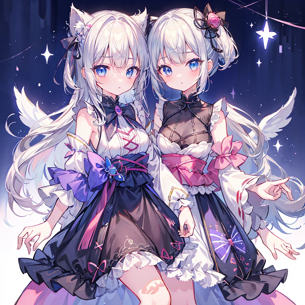 vtuber-fullbody、Star Fairy、((masterpiece))、((highest quality))、((Super fine))、pretty girl、gray hair、beautiful blue eyes、Kimono Goth 、ribbon、Angel&#39;s wing、🤍、((simple white background))、☆、