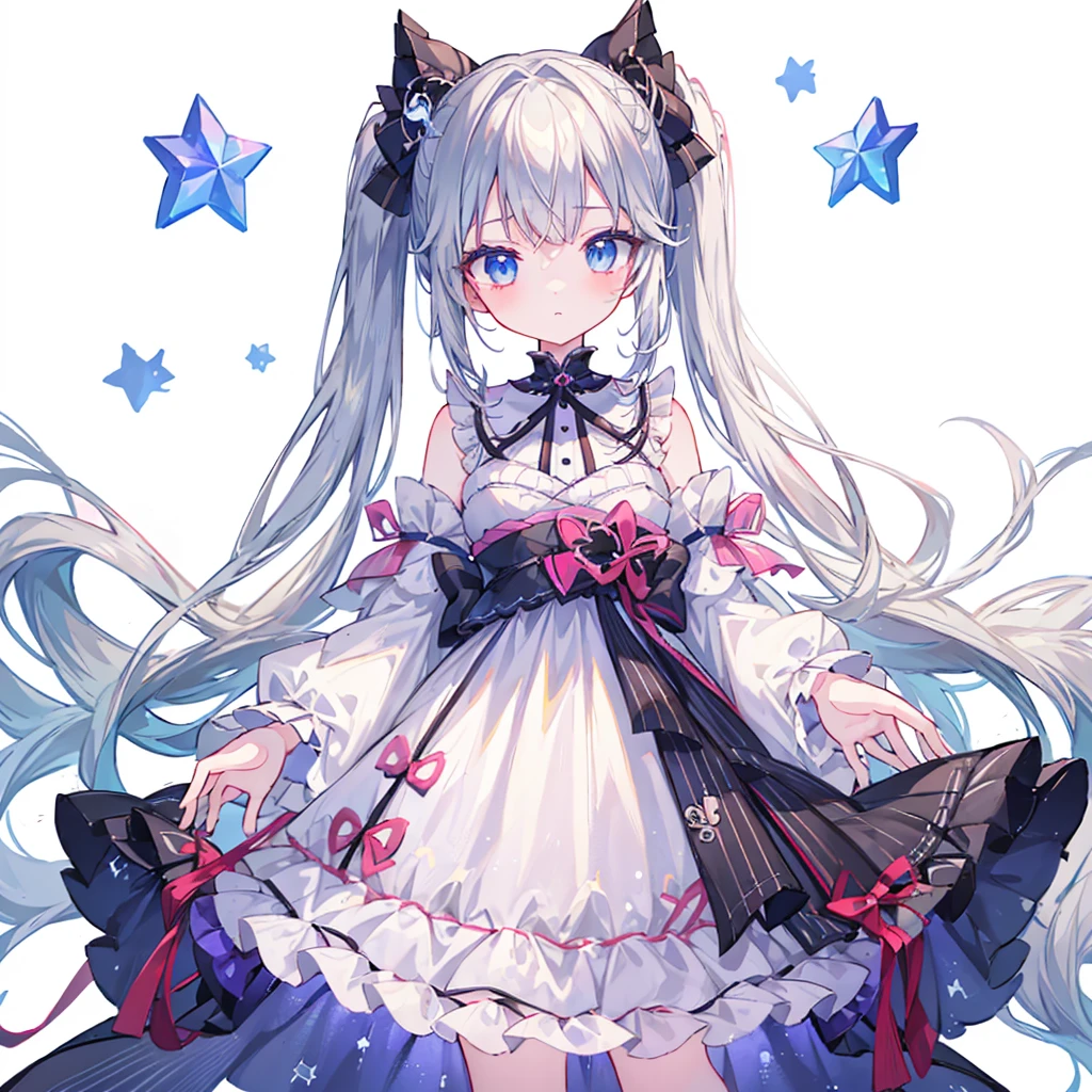 vtuber-fullbody、Star Fairy、((masterpiece))、((highest quality))、((Super fine))、pretty girl、gray hair、beautiful blue eyes、Kimono Goth 、ribbon、Angel&#39;s wing、🤍、((simple white background))、☆、