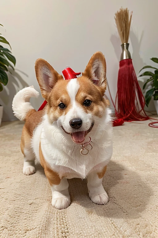 photo of a dog 2  Welsh Corgi Pembroke white red male with a long tail with a tassel