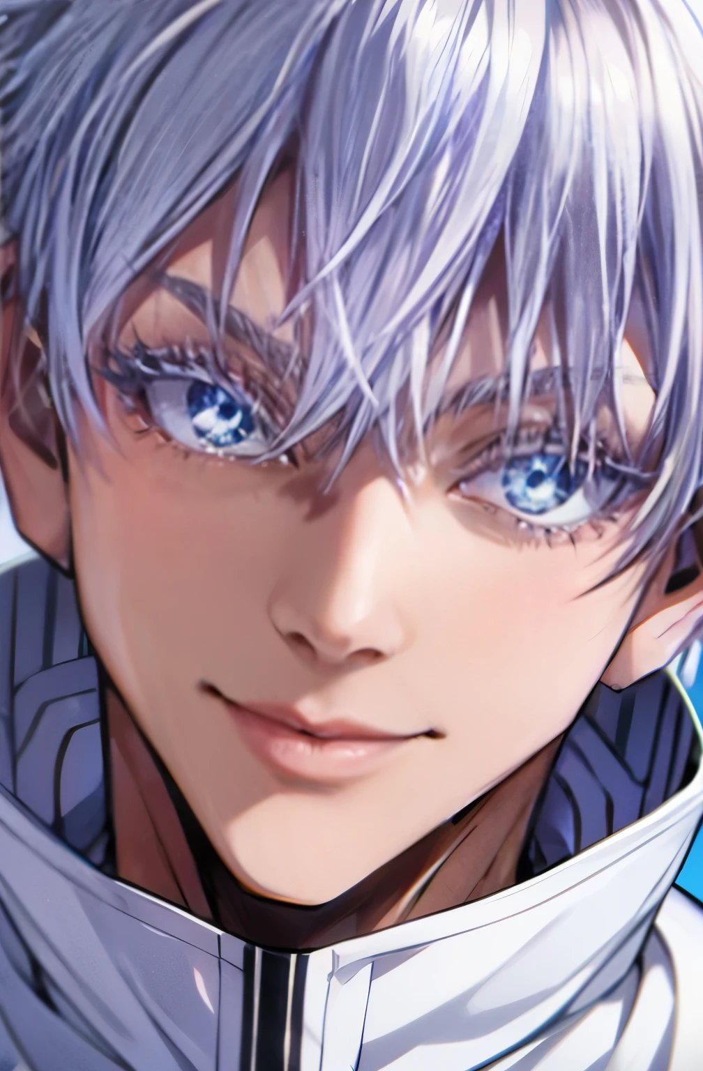 (Masterpiece, Top Quality: 1.2), (((satoru gojo, white hair, blue eyes, white eyelashes, white skin))), 1boy, bangs, close-up, closed mouth, eyebrows visible through hair, grey background, hair between eyes, high collar, looking at viewer, male focus, short hair, simple background, smile, solo,