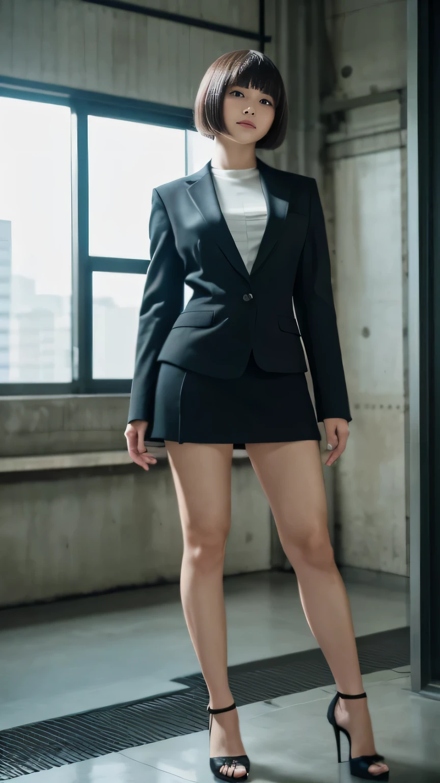 (((full body figure))), (just one woman),20-year-old, (masterpiece, intricate details), company employee、suit figure、OL、perfect body,muscular legs、thick legs、thick legs、 beautiful scenery, shiny skin (perfect hands), black hair, short hair,high heels、bangs, half bangs,、_ Simple concrete studio with window, highly detailed background, , ultra-realistic textures, dramatic lighting ,Raw photo,