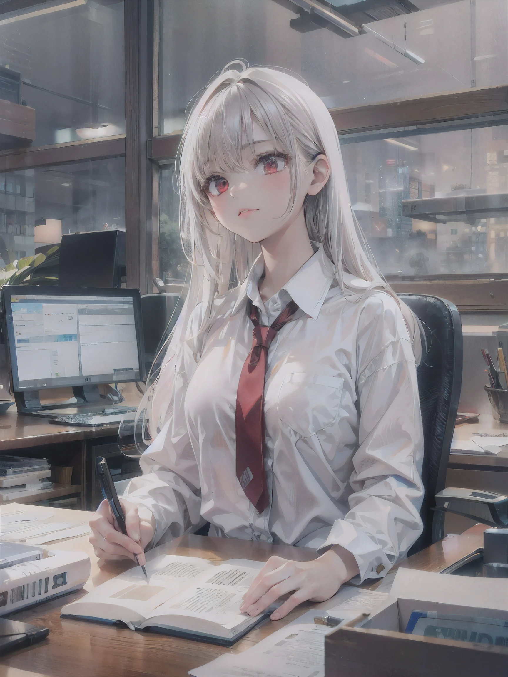 (masterpiece,best quality,ultra-detailed), CG, award winning, ccurate, UHD, textured skin, chromatic aberration, Fujicolor, 1 lady working at office, teen, red eyes, long white hair, wearing business casual, slim body, cool beauty