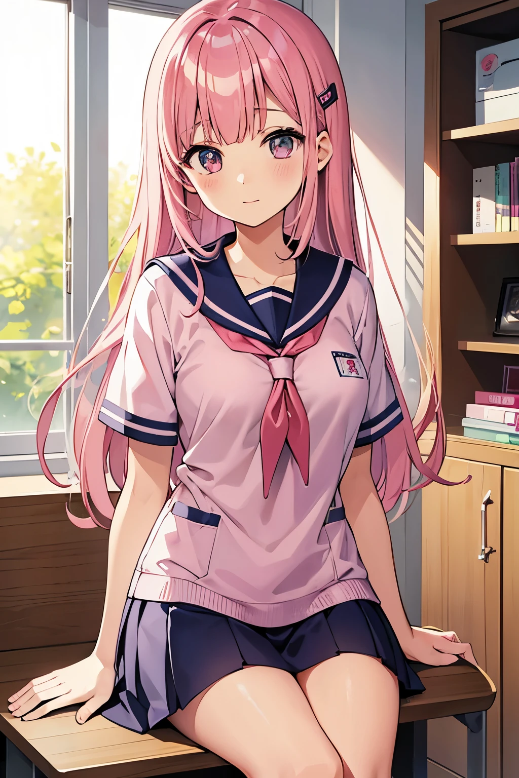 A pink-haired high school girl in a sailor uniform in the nurse&#39;s office、I am taking a rest due to feeling unwell due to the change of seasons.