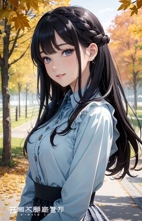 masterpiece、highest quality、High resolution、high quality images、8K, 1 female、skin luster、Texture of skin and clothing、Expression of fine eyes、glossy black hair,Girl with long braided hair, Manga inspired by Lee Jong-suk, trending on deviantart, realism, detailed manga style, manga art style, perfect line drawing, beautiful line drawing, digital manga art girl, K-POPアイドル, dress, beautiful light blue eyes, plump lips, detailed gorgeous face, (cute smile), charm, innocent, Side view, (perfectly detailed face), (fine hands) photorealistic images, Depth of written boundary, Princess Hairstyles, autumn leaves, Tartan check dress,autumn leaves,美しいautumn leaves,romanticism,