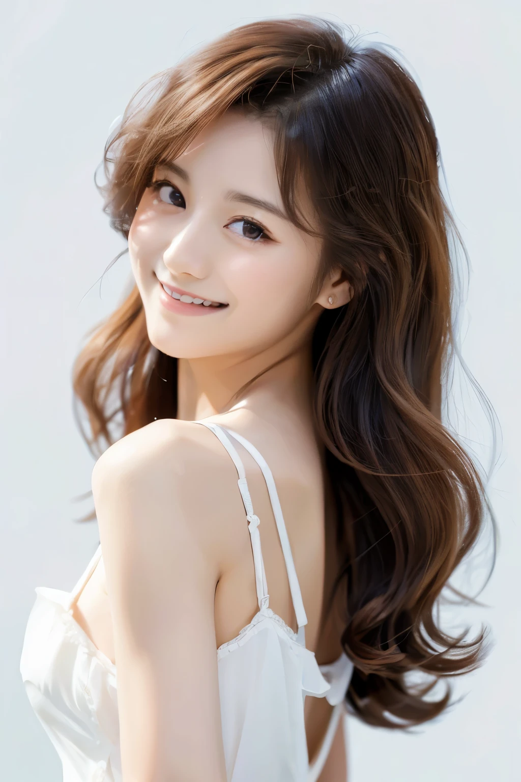 Young Japanese woman, 30s, white background, simple background, long curly hair, slender, red camisole, 4K, 8K medium, high resolution, beautiful woman, beautiful eyes, simple, high resolution, alone, beautiful skin, Beautiful skin, smile, relaxation, smartphone operation