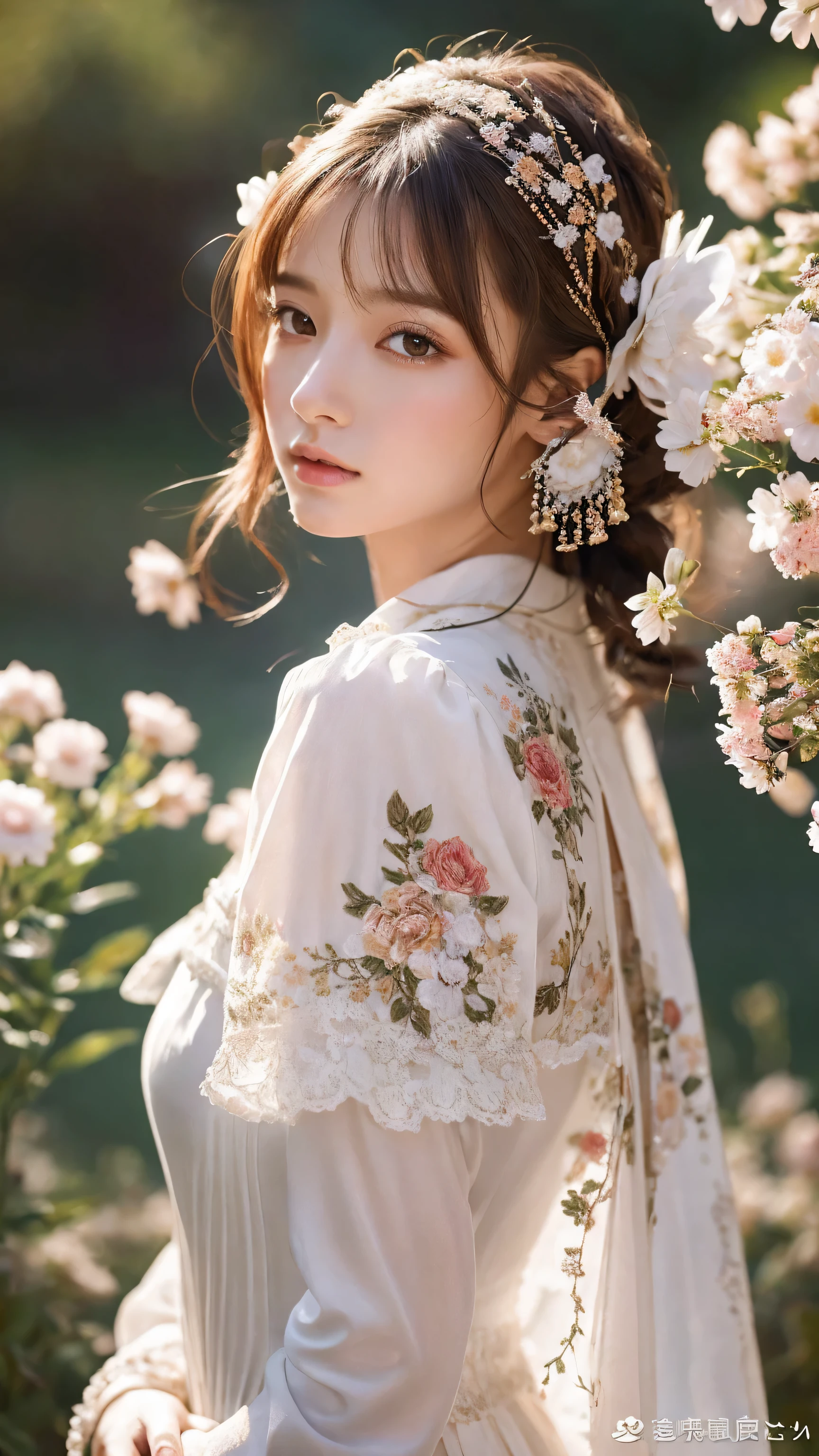 focus on people。Realistically create and express the most brilliant composition of a person。((masterpiece))、(((highest quality)))、((super detailed))、(surreal)、(Highly detailed CG illustration)、(very delicate and beautiful)、The girl is a masterpiece、highest quality、realistic skin feel、realistic fabric、Introducing a realism illustration centered on the front center of a girl with realistic and ultra-detailed eyes..。this is the absolute rule, And the next sentence describes the image quality。 The greatest painter in human history meets unparalleled beauty、This is the best masterpiece of Ichigo Inuiku ever., The most beautiful image of my life.。 Create stunning anime artwork that's currently trending with seaStation、Introducing exquisite beauty and captivating aesthetics。hair tied up、White peasant dress with detailed floral embroidery、The background is outdoors