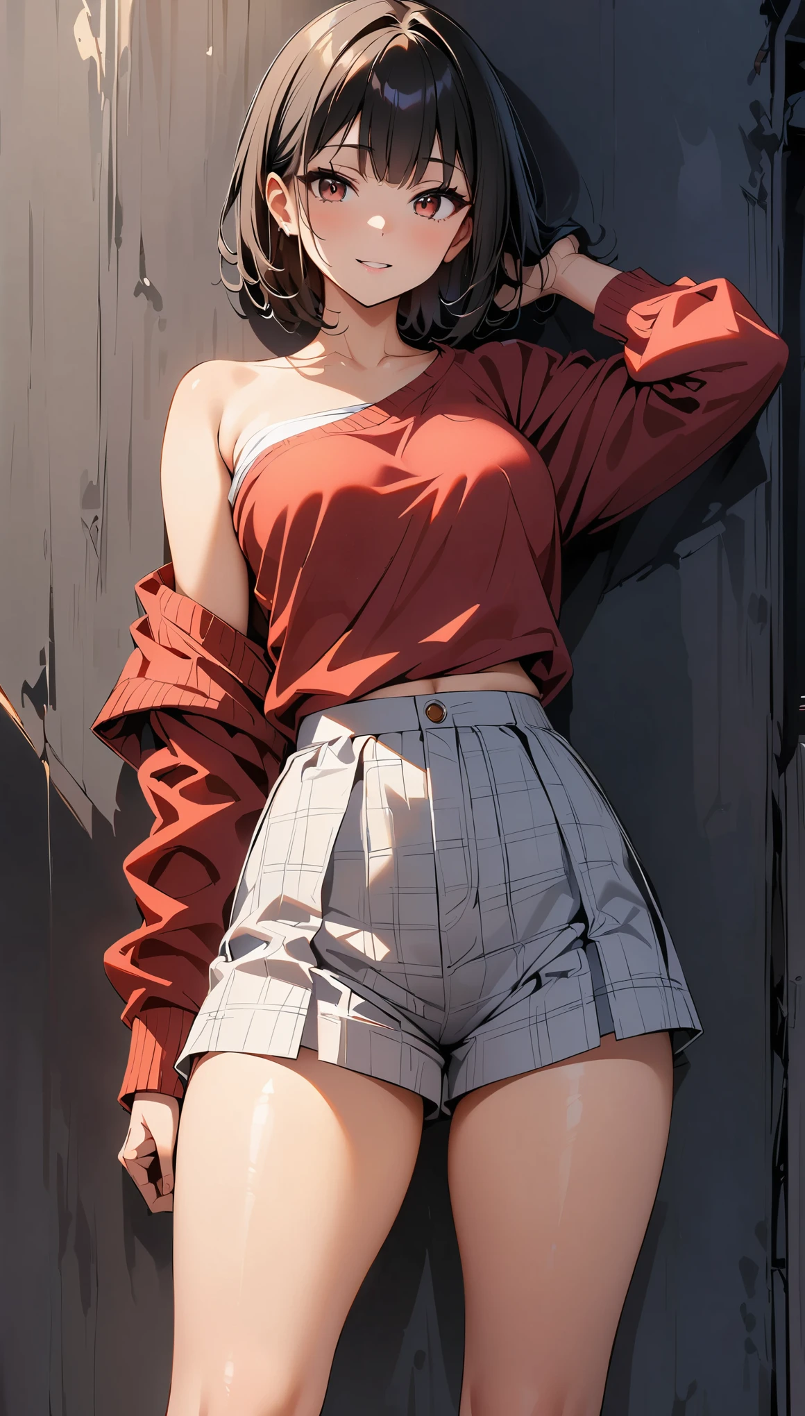(high quality, 8k, 4k, high contrast, masterpiece:1.2, best quality, best aesthetics), 1 young woman, (high detail skin:1.2), black hair, reddish brown eyes, slim body shape:1.4, Highly detailed face and skin texture, Beautiful - Glowing Skin, (Wine red one-shoulder_tops, Grey checked culottes), in front of a white wall, posing.