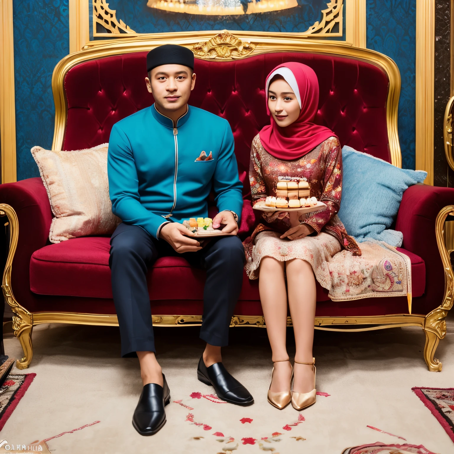 ((masterpiece)), ((best quality)), ((highres)), 2 parents, mom is 33 yo and dad is 40 yo, a 2 yo girl, a yo girl, a 13o boy, indonesia muslim womem wear hijab (namaste hand position), wearing a pose sitting on an elegant luxurious red sofa. blue same motif clothes. On luxurious table canned bread, fruit, clear jars filled with small cakes. wall there are 3D text "SELAMAT IDUL FITRI" "MOHON MAAF LAHIR BATIN", font neon colorful. ultra high quality
,