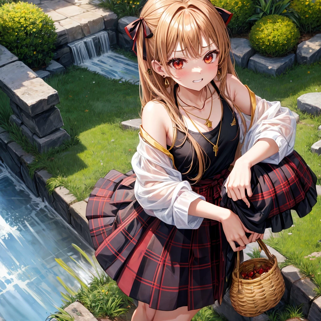 Brown, red, gold, golden hair、red eyes、one good looking girl、solo、anime、plaid mini skirt、black camisole、black t-shirt、hoodie、wearing a ribbon、ribbon at waist、crystal earrings、Gemstone Necklace、Light and shadow、Tilting face、teeth are visible、pillar、evil looking face、Kuroko、Diamond dust、grassland、Water running down the stairs、overflowing、Ants are walking、sulking、is increasing