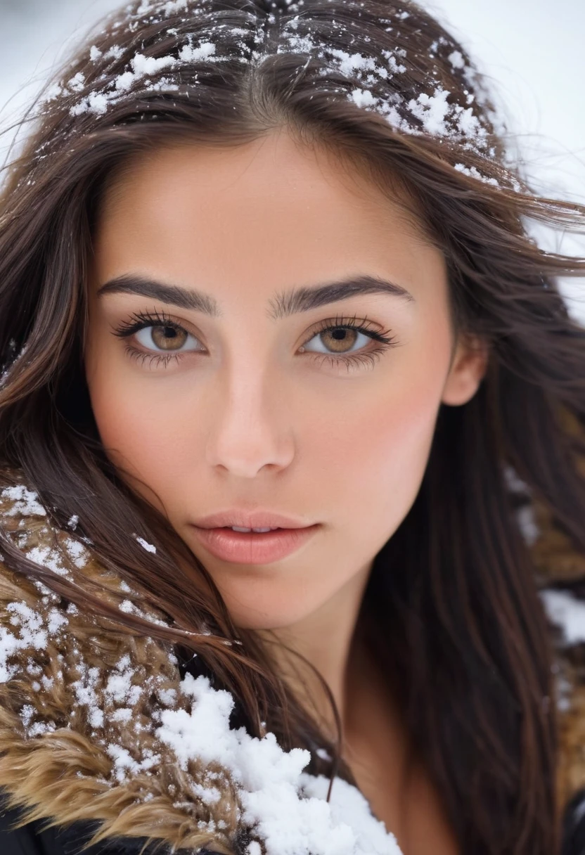 Jeune femme brune de 25 ans, visage fin, cheveux long et noirs, yeux marrons, allongée dans la neige, sur le dos, seins nus