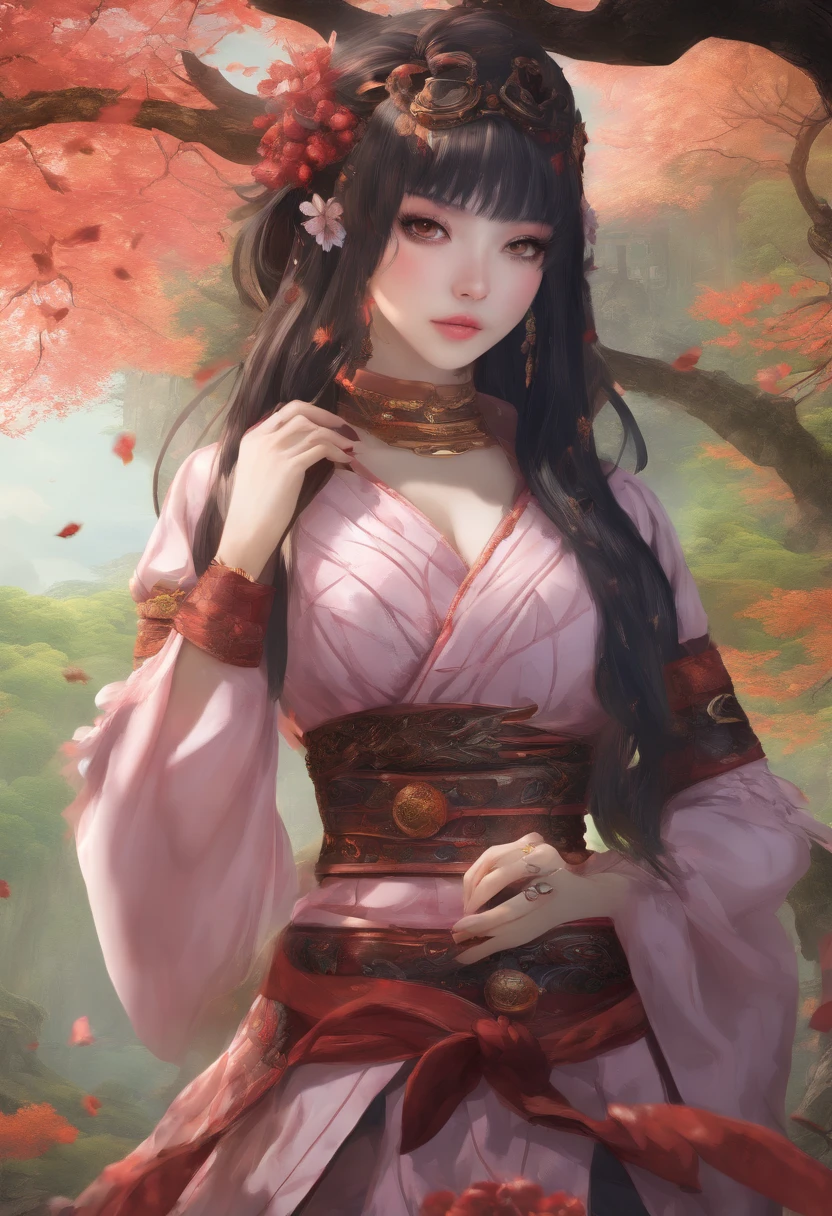8k, artwork, Highest quality, Best quality, official art, Beautiful and Aesthetic, extremely detailed, (fractal art: 1.3), colorful, most detailed, torso, HDR, sensual, wide hips, thick figure,
(1 girl, face (beautiful, perfect, perfect, detailed, feminine, refined chin), hair (long to the knee, brown, blowing in the wind), eyes (perfect, detailed, brown), big ass, thin waist, larger hips wider than shoulders, she wears traditional Japanese Shinobi costume, outfit with great cleavage, she is sensual, she is beautiful, she has makeup, she is tanned, she is medium chested, she is blushing, she wears blush, thin torso, makeup of e-girl, blushing, sweaty, pretty, refined chin, brown eyes, cute, high socks, cute smile, goth, gothic makeup), landscape (raspberry trees with falling leaves, a typical Japanese garden, with bonsai trees, grass green, a small lake), attention to detail