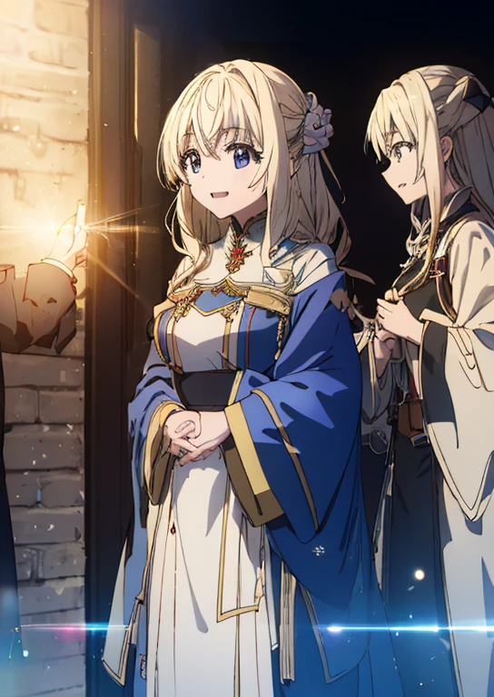 (million live), (highest quality, 8K, masterpiece, Super detailed:1.2), (Lens flare, particles of light, shine), big breasts, smile, open your mouth, White priest's robes, masterpiece, highest quality, Super detailed, High resolution, royal palace, official art