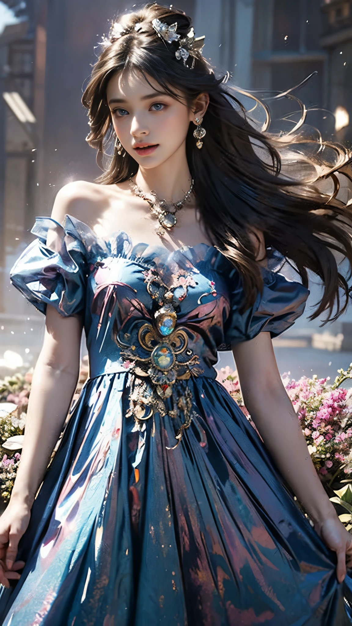 8K, ultra hd, masterpiece, 1 girl, (good face:1.4), detailed eyes, very long hair, impressive hairstyle, earings, necklace, small breasts, (indigo dress:1.5), see-through, (fantasy dress:1.5) Light-colored foundation brings out the transparency of the skin, (in the wonderland:1.5), mystery, diwali lights, glowing lights, very decoration, The lights falls like water, perfect front body,
