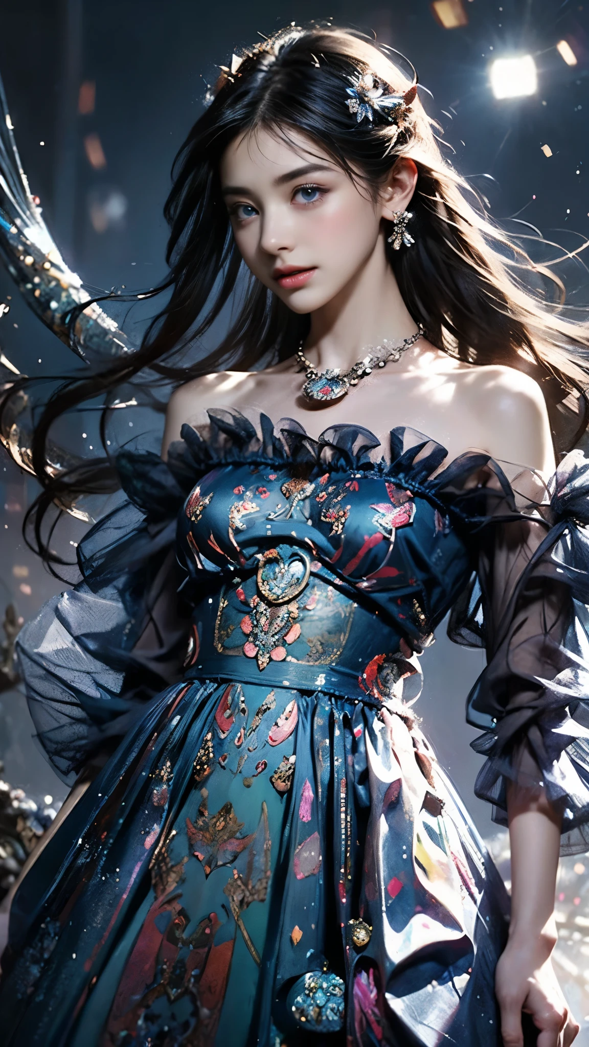 8K, ultra hd, masterpiece, 1 girl, (good face:1.4), detailed eyes, very long hair, impressive hairstyle, earings, necklace, small breasts, (indigo dress:1.5), see-through, (fantasy dress:1.5) Light-colored foundation brings out the transparency of the skin, (in the wonderland:1.5), mystery, diwali lights, glowing lights, very decoration, The lights falls like water, perfect front body,