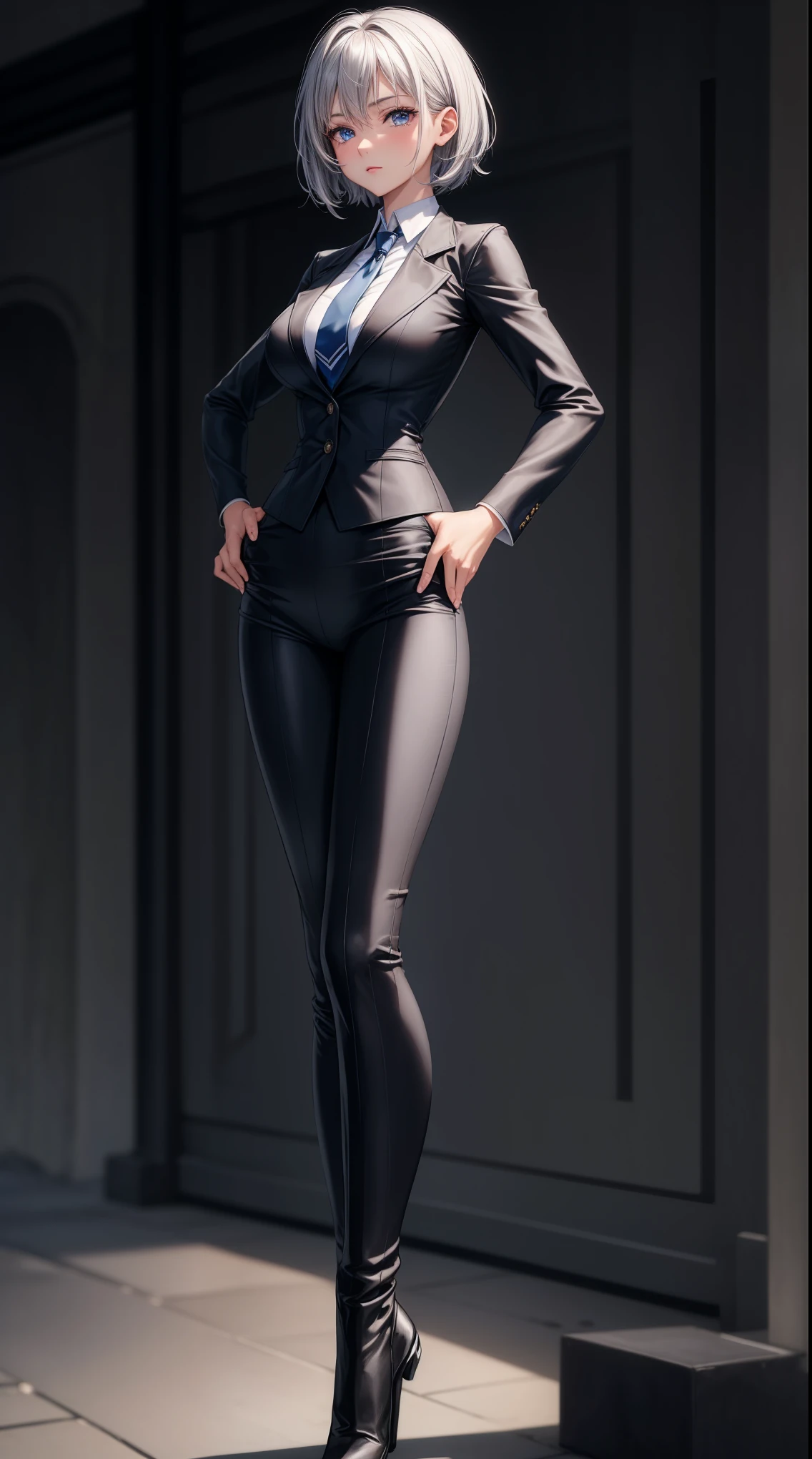 masterpiece, highest quality, high resolution, 1 girl, gray hair, short hair, blue eyes, medium breasts, OL, tie, black suit, pencil skirt, put your hands on your hips, outdoor,Idol Master，，anastasia，Knee-high boots，pants suit