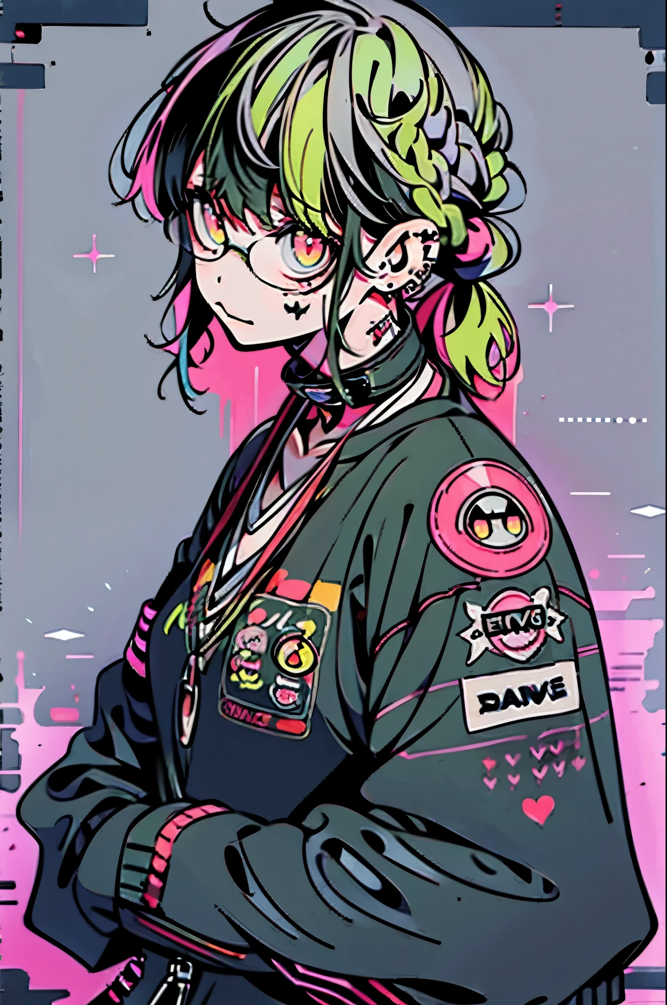 Punk rock emo girl, Neko, wolf girl, long neon  yellow hair in pigtails, tattoo sleeves and piercings, Red eyes, slender, skinny, short,  Harajuku-inspired punk clothes, no twins, one person