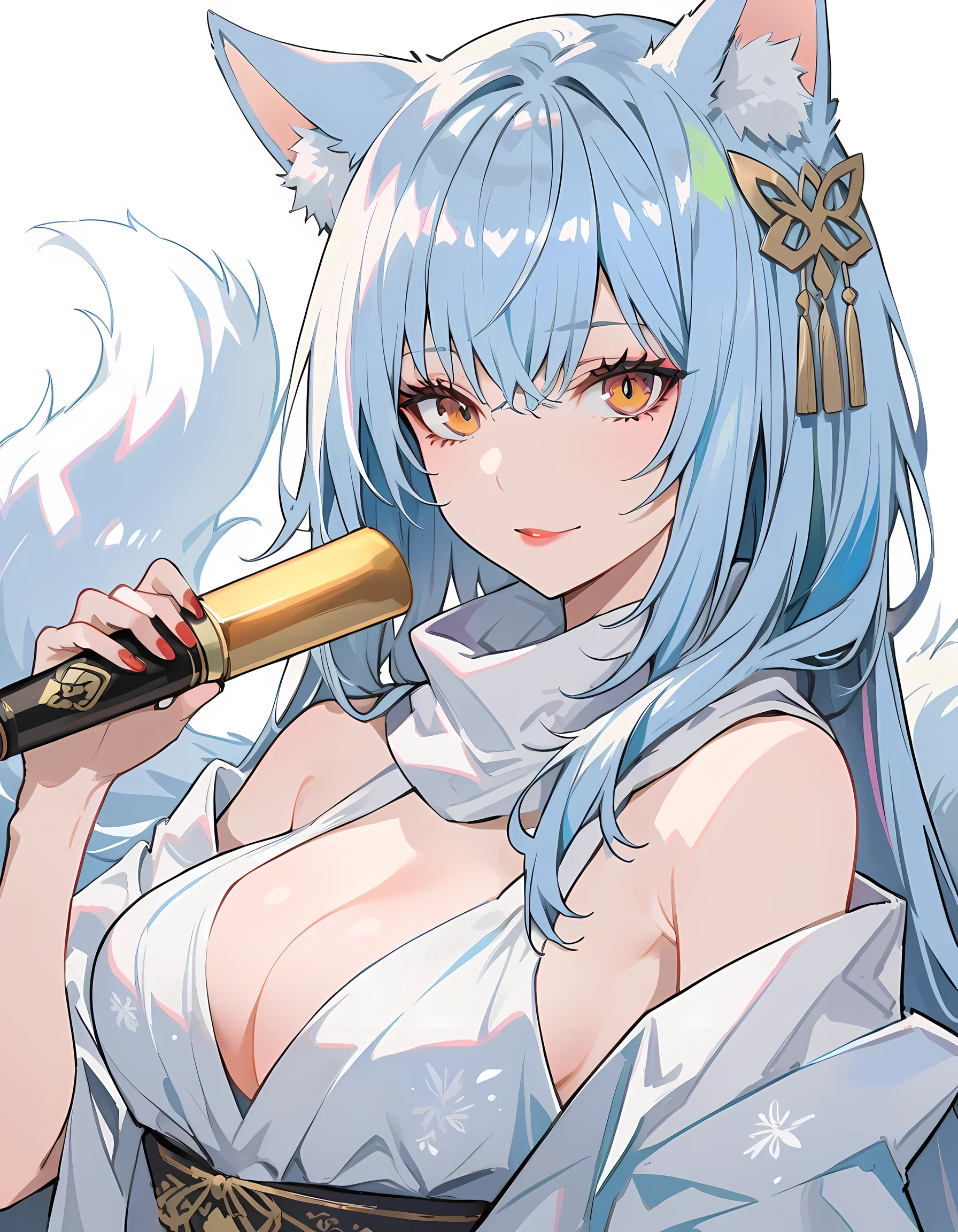 (best quality,highres),1girl,cleavage,gown,scarf,neil,red lips,solitary,upper body,blue hair,white fox ears,white fox tail,nine tails