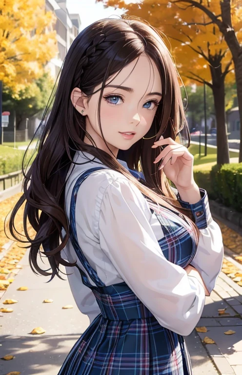 masterpiece、highest quality、High resolution、high quality images、8K, 1 female、skin luster、Texture of skin and clothing、Expression of fine eyes、shiny light brown hair,Girl with long braided hair, Manga inspired by Lee Jong-suk, trending on deviantart, realism, detailed manga style, manga art style, perfect line drawing, beautiful line drawing, digital manga art girl, K-POPアイドル, dress, beautiful blue eyes, plump lips, detailed gorgeous face, (cute smile), charm, innocent, Side view, (perfectly detailed face), (fine hands) photorealistic images, Depth of written boundary, Princess Hairstyles, autumn leaves, Tartan check dress,autumn leaves，美しいautumn leaves，romanticism,