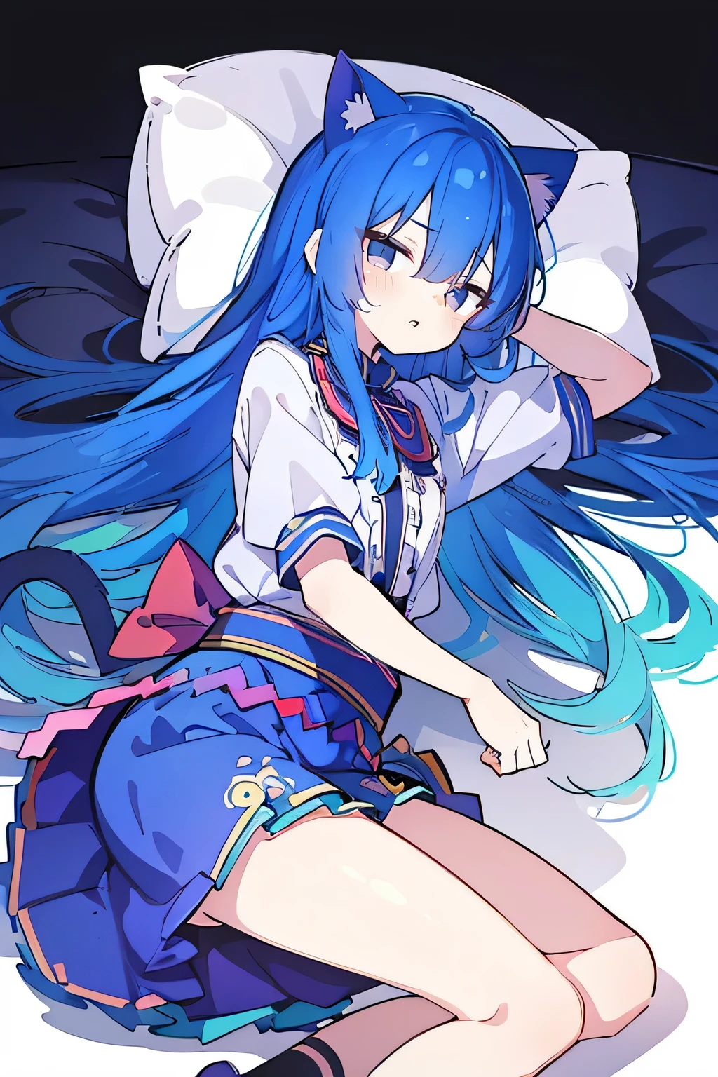 (masterpiece:1.2),Super detailed,lifelike,Expressive eyes,fair skin,perfect face shape,1 girl,
Japanese comics,Gorgeous blue hair,flowing blue hair,flowing clothes,Cat ears,Petals fall,beautiful lola,Baby Angel,
Shaking head with one hand,Lying gracefully on the ground,Cross your legs,Gentle and peaceful background,The pavilion is cool and comfortable,dark blue eyes.