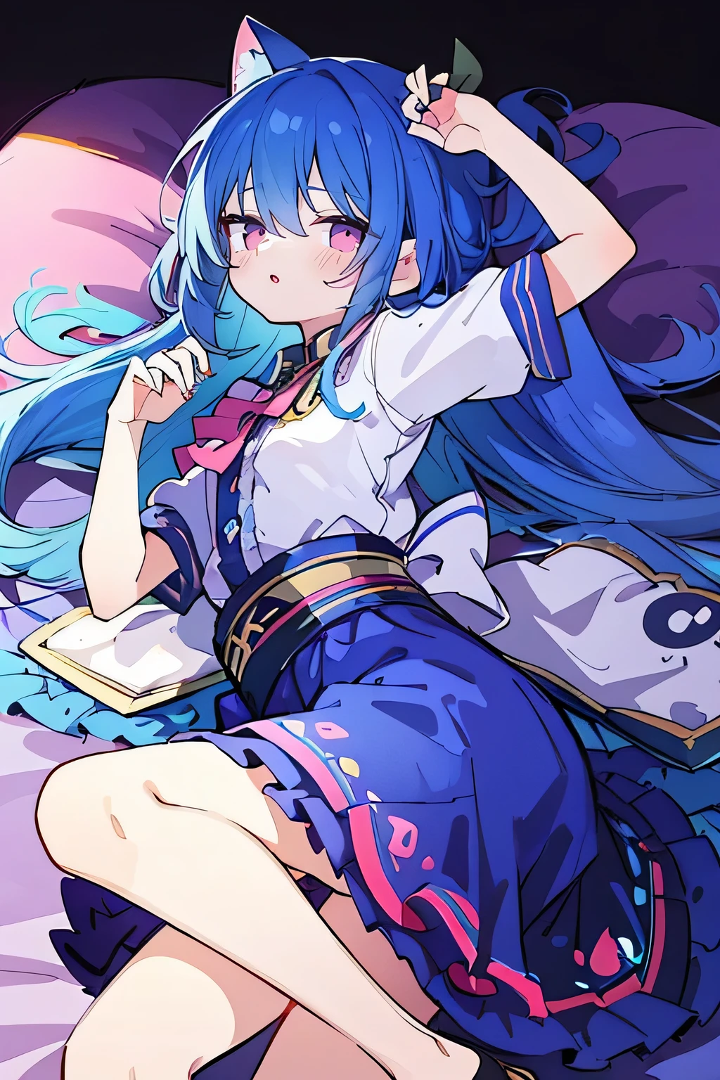 (Masterpiece), best quality, expressive eyes, perfect face, 1girl,
Put one hand on the head, fair skin, gorgeous, Japanese comics, girl, Lola, young angel, blue hair, blue hair, flowing clothes,, lay down, lying on the ground, legs on the ground, flat chest, cat ears,