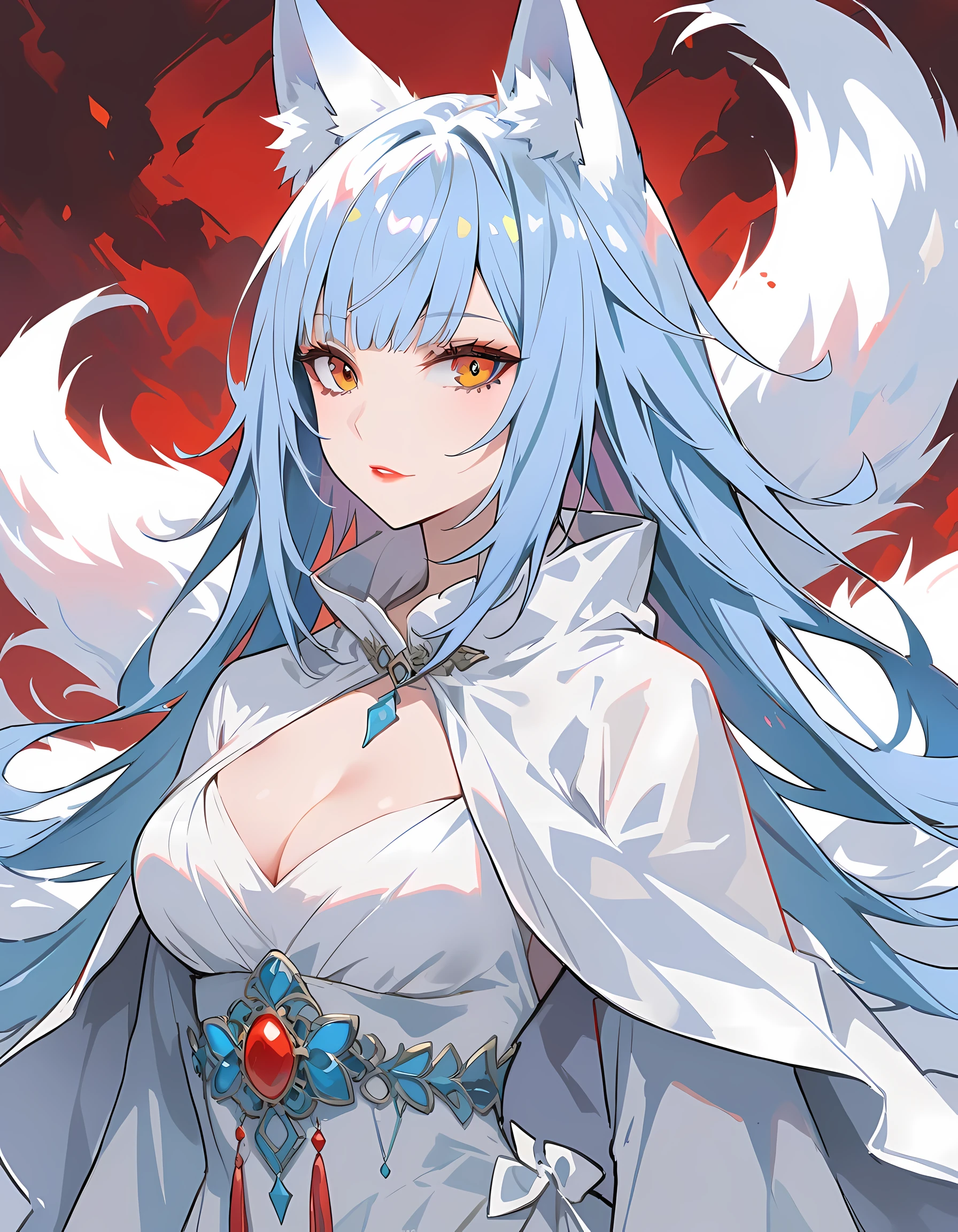 (best quality,highres),1girl,cleavage,gown,scarf,neil,red lips,solitary,upper body,blue hair,white fox ears,white fox tail,nine tails