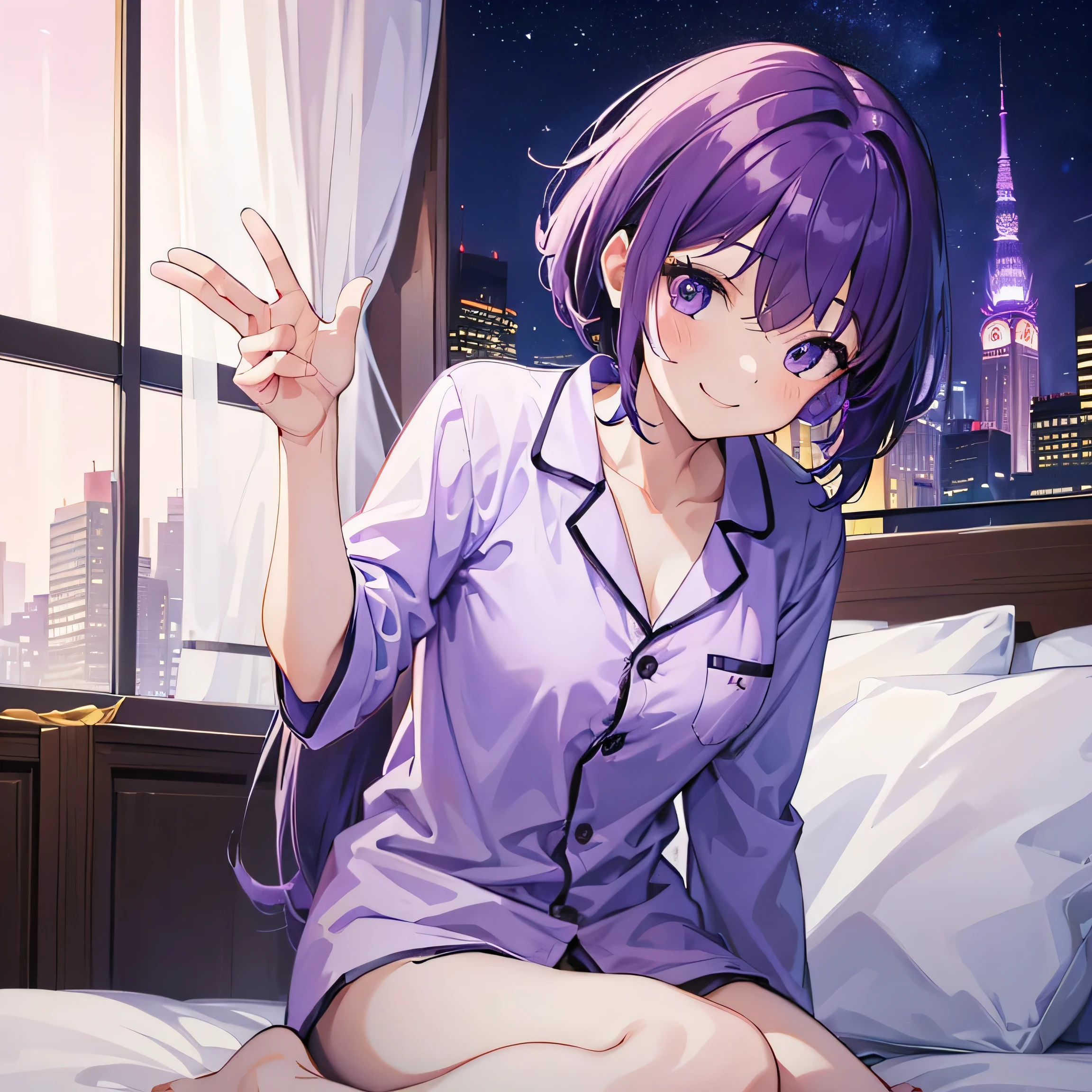 (T Masterpiece,4k wallpaper,best quality))、((girl1people))、(solo)、Shining and vivid,(purple hair)、(shortcut:1.3)、smile、Bedroom、pajamas、night