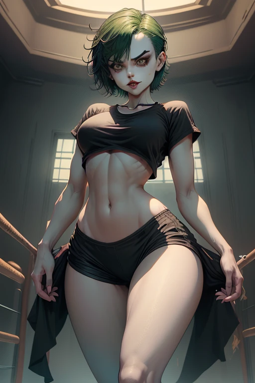 The full body image shows a Female Joker, wearing cropped black sport t-shirt, stomach navel exposed, large breasts, small waist, wide hips, thick legs, black training crop short, collarbone, sexy body, night circus background, shiny skin, highest detailed, detailed clothes, only black color, detailed body, detailed face, posing in a sexy manner