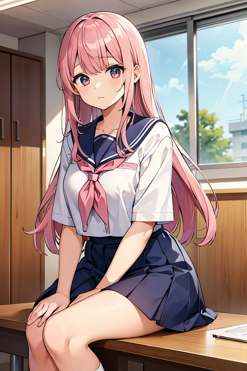 A pink-haired high school girl in a sailor uniform in the nurse's office、I am taking a rest due to feeling unwell due to the change of seasons.