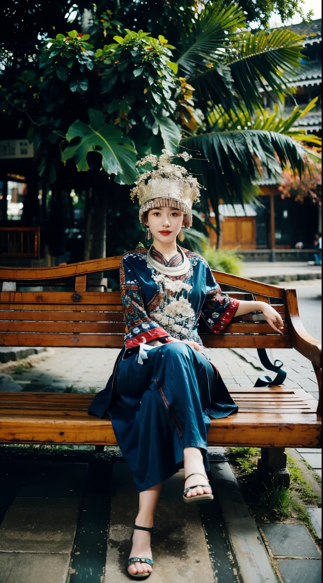1girl,moyou, Sitting on a bench in front of a tree, Sit on a bench, Erlang legs