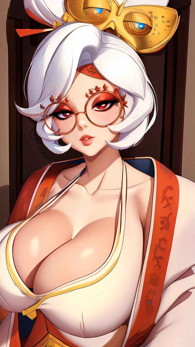 ((masterpiece)), ((best quality)), (detailed), perfect, solo, purah, gorgeous woman with cleavage, luscious lips, white hair, huge breast, deep cleavage, huge breasts, sexy, lying down, open cleavage, (((marked collarbones)))