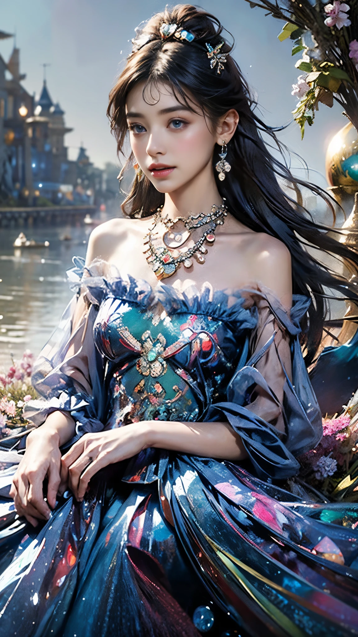 8K, ultra hd, masterpiece, 1 girl, (good face:1.4), detailed eyes, very long hair, impressive hairstyle, earings, necklace, small breasts, (indigo dress:1.5), see-through, (fantasy dress:1.5) Light-colored foundation brings out the transparency of the skin, (in the wonderland:1.5), mystery, diwali lights, glowing lights, very decoration, The lights falls like water, perfect front body, sitting,