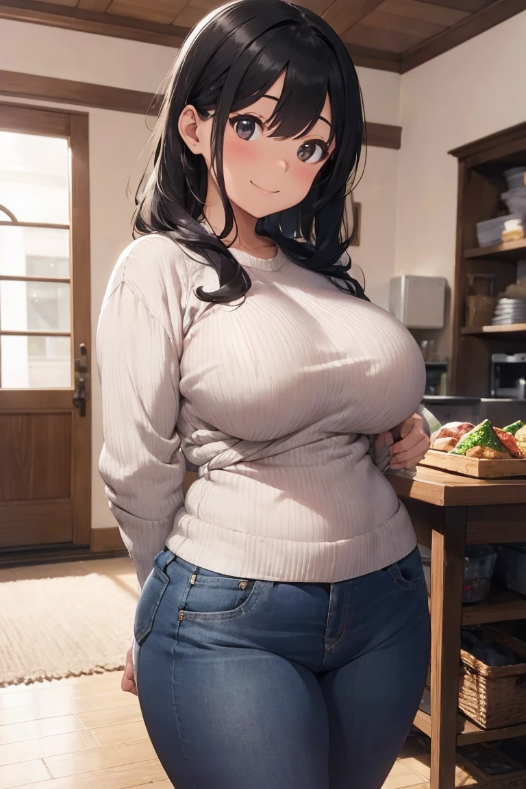 smile, housewife, curvy body, Up style tied at the back, Black hair, Sweaters, jeans, large full breasts, house, hall, facing the camera,