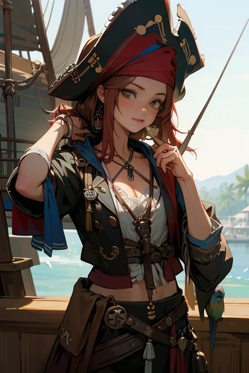 female pirate、Jack Sparrow Style、beautiful woman、Parrot on the shoulder、beautiful womanで可愛い、sexy、masterpiece、highest quality、